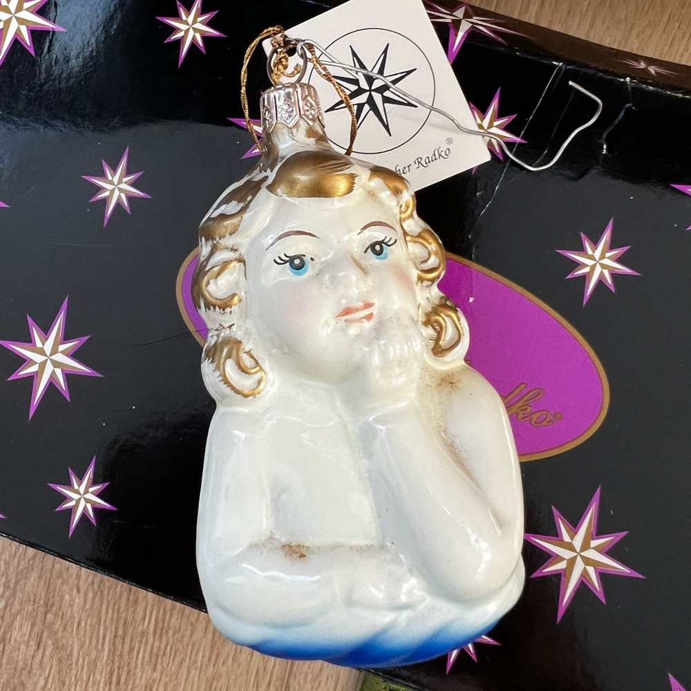 Vintage Christopher Radko hand blown ornament porcelain young lady, tag attached